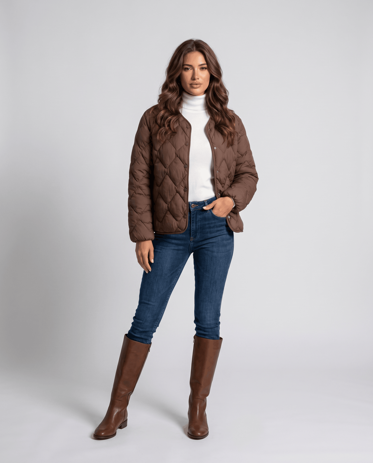 Lightweight Duck Down Jacket – Quilted, V-Neck & Snap Front | Shermaine