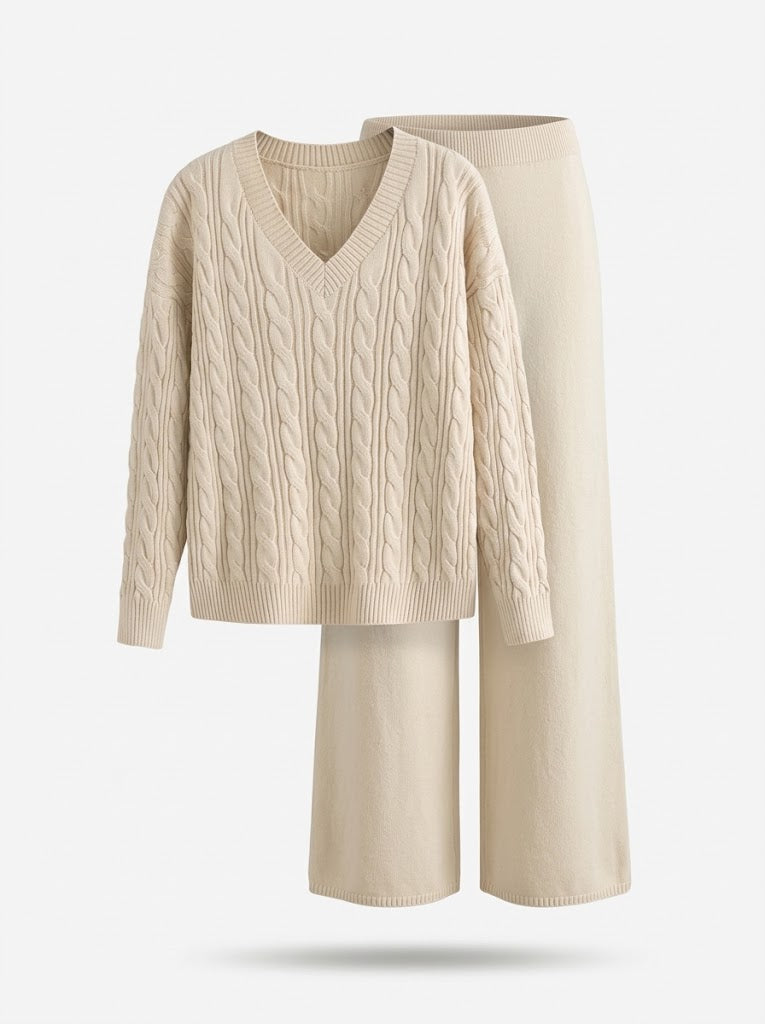 Lila - Women's Cable Knit Pullover & Elastic Waist Knit Pants Set