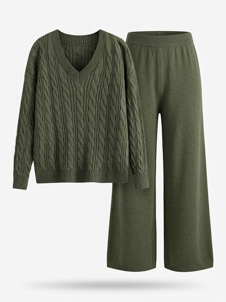 Lila - Women's Cable Knit Pullover & Elastic Waist Knit Pants Set