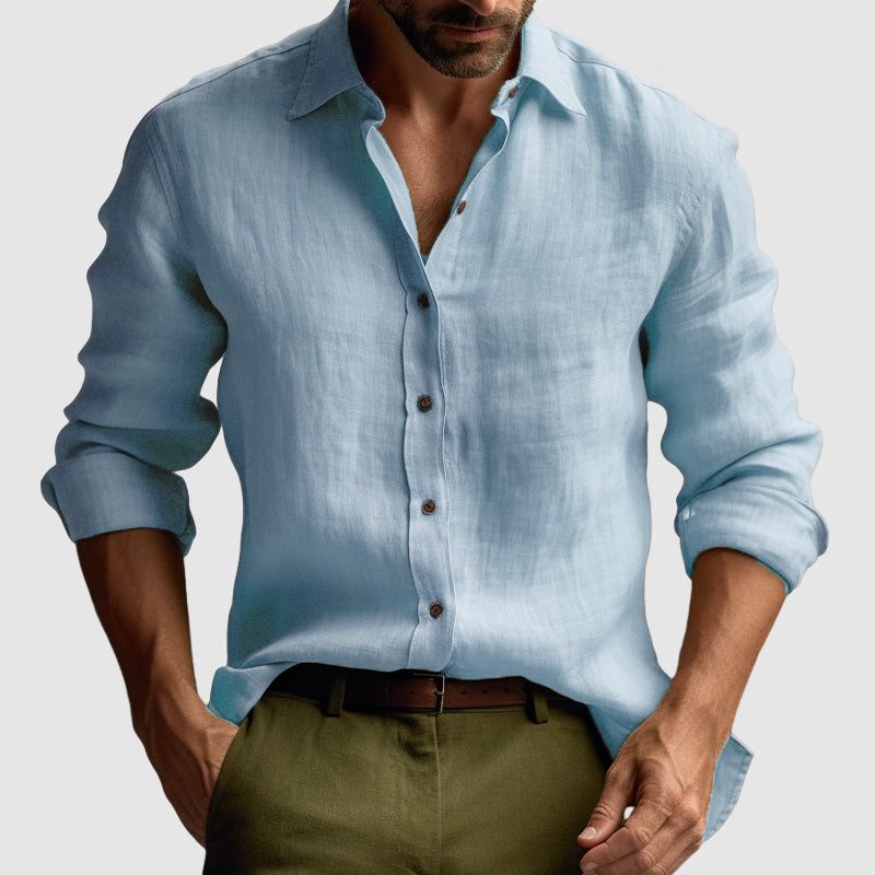 Linen Button-Down Collar Long Sleeve Shirt for Men