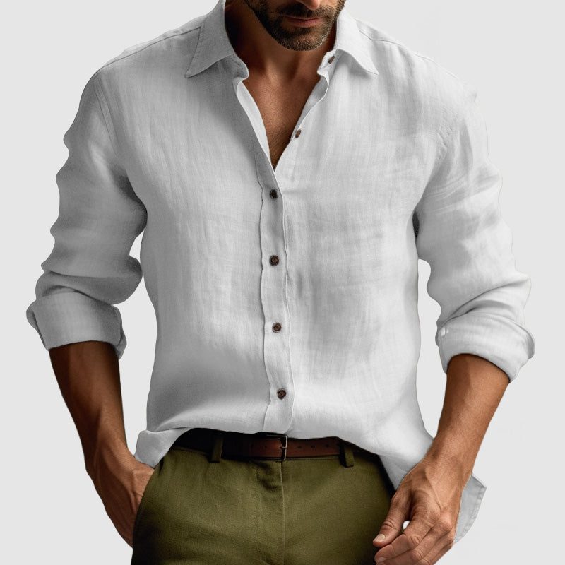 Linen Button-Down Collar Long Sleeve Shirt for Men