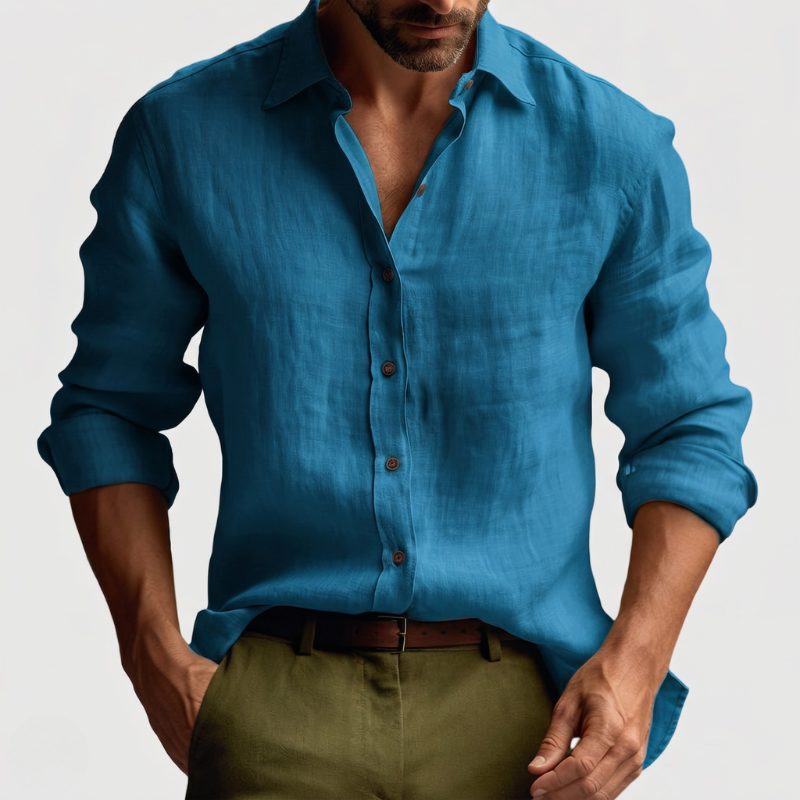 Linen Button-Down Collar Long Sleeve Shirt for Men