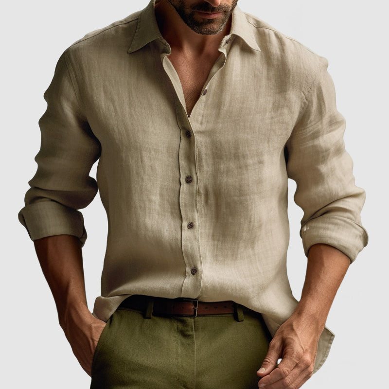 Linen Button-Down Collar Long Sleeve Shirt for Men