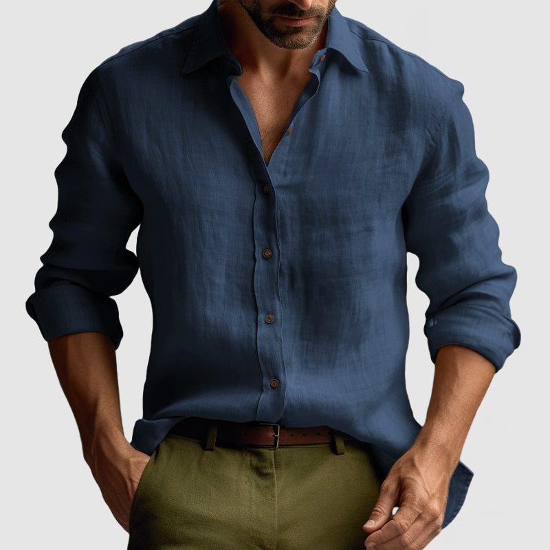 Linen Button-Down Collar Long Sleeve Shirt for Men