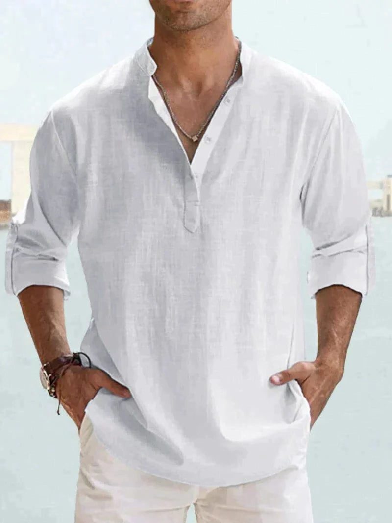 Linen Henley Long Sleeve Shirt for Men