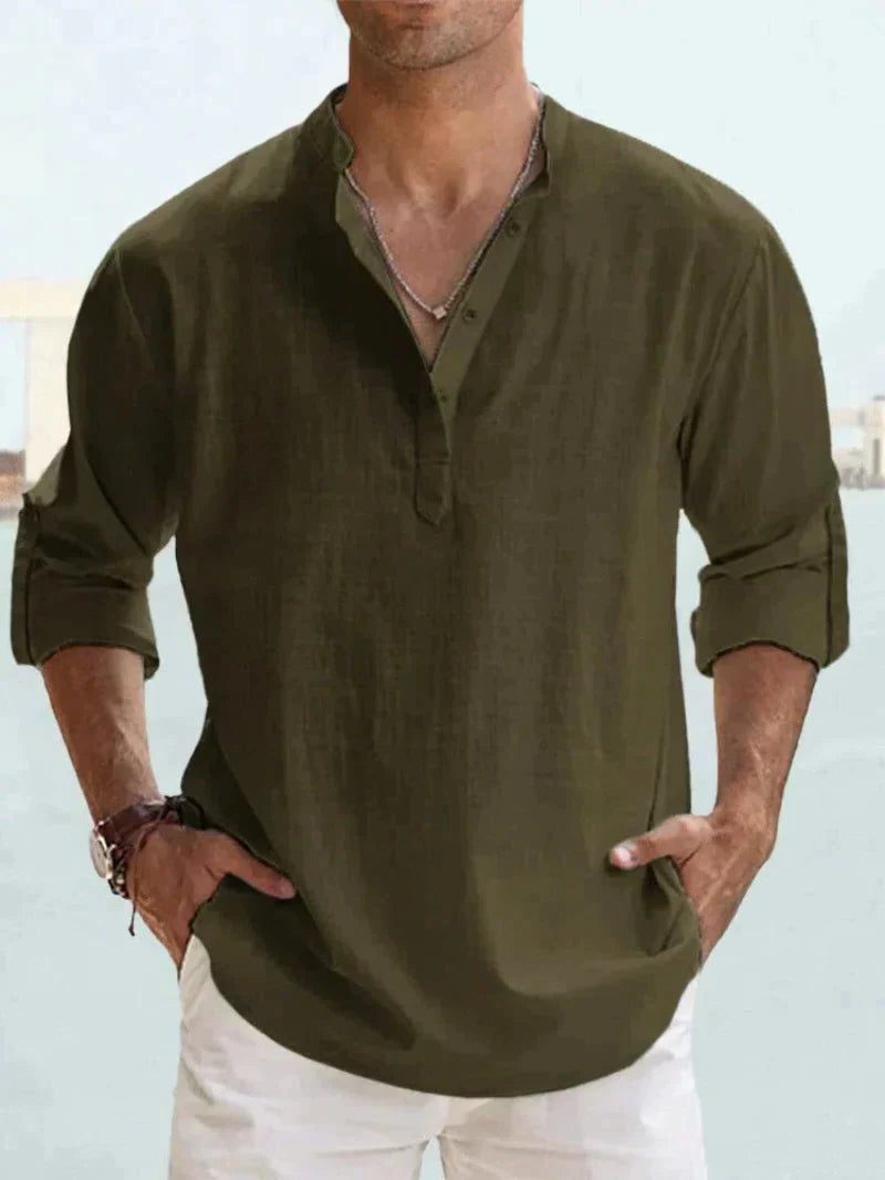 Linen Henley Long Sleeve Shirt for Men