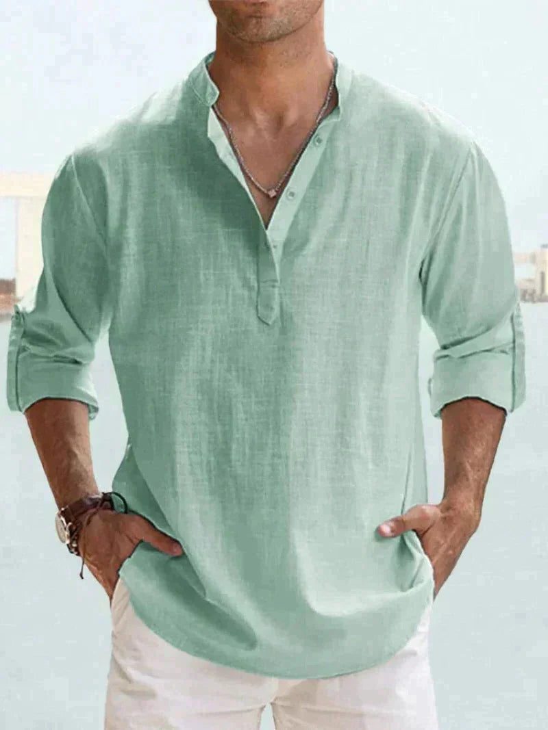 Linen Henley Long Sleeve Shirt for Men