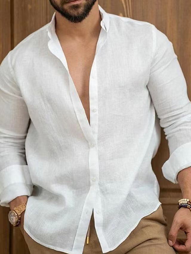 Linen Long Sleeve Button-Down Shirt for Men