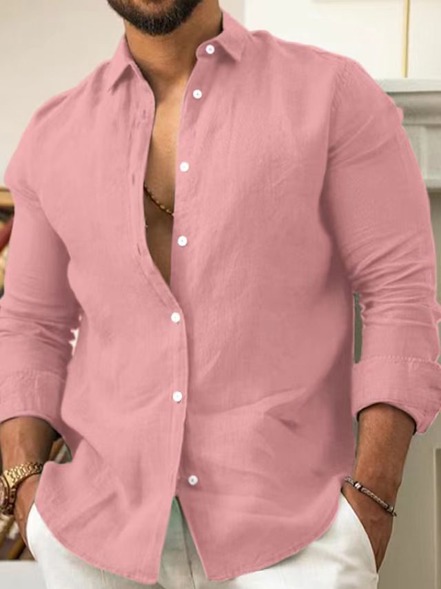 Linen Long Sleeve Button-Down Shirt for Men