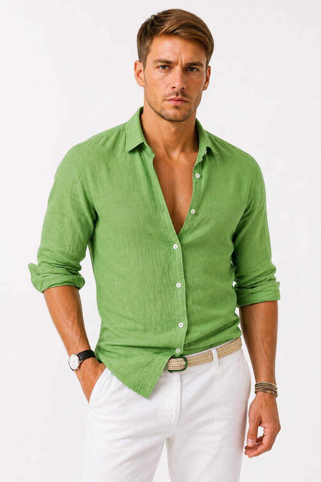 Linen Long Sleeve Button-Down Shirt with Rolled Sleeves for Men