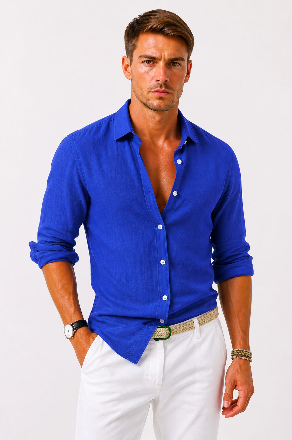 Linen Long Sleeve Button-Down Shirt with Rolled Sleeves for Men