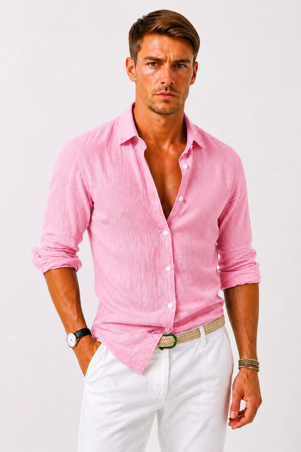 Linen Long Sleeve Button-Down Shirt with Rolled Sleeves for Men