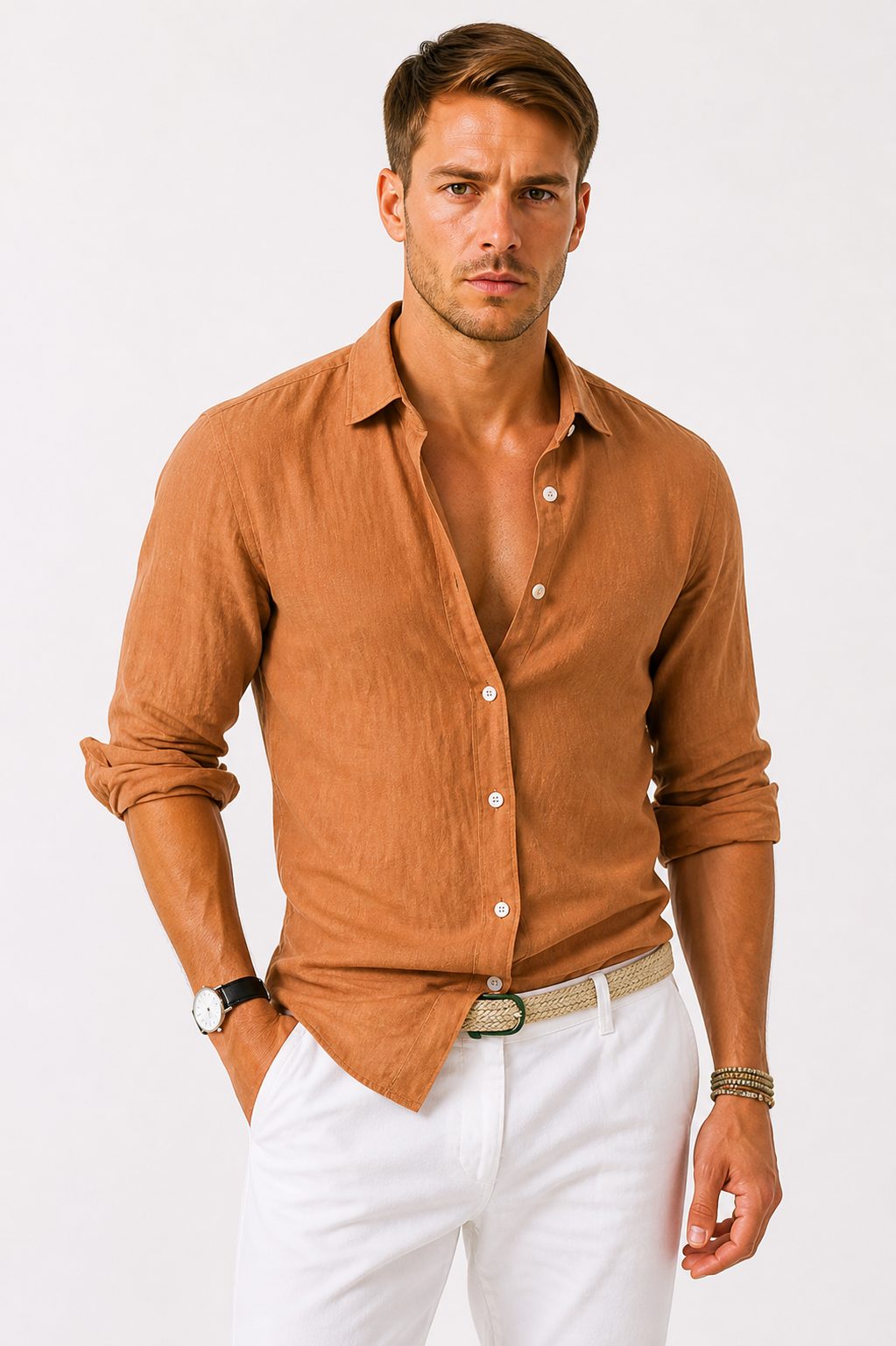 Linen Long Sleeve Button-Down Shirt with Rolled Sleeves for Men
