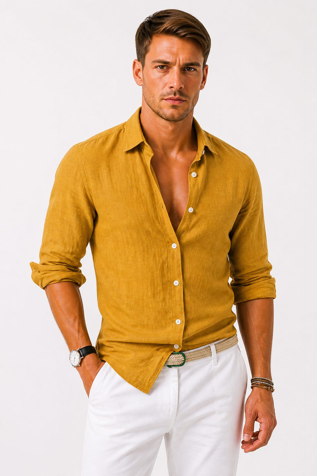 Linen Long Sleeve Button-Down Shirt with Rolled Sleeves for Men