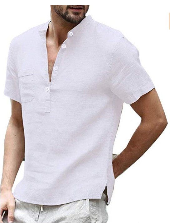 Linen Short Sleeve Henley Shirt for Men