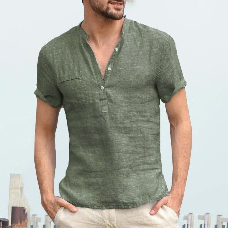 Linen Short Sleeve Henley Shirt for Men