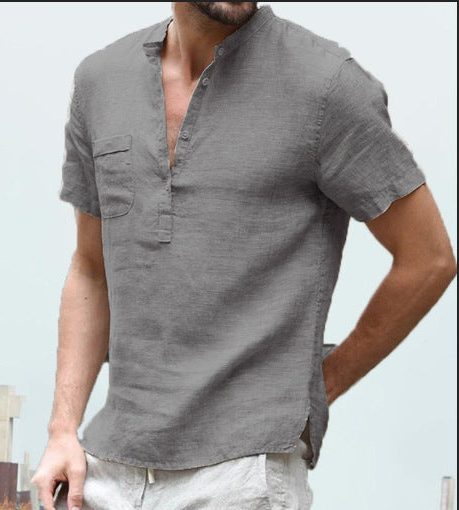 Linen Short Sleeve Henley Shirt for Men
