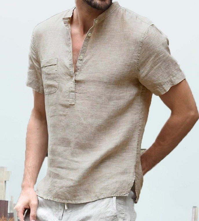Linen Short Sleeve Henley Shirt for Men