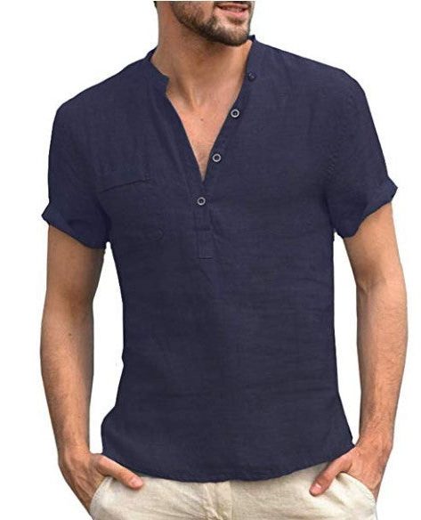 Linen Short Sleeve Henley Shirt for Men
