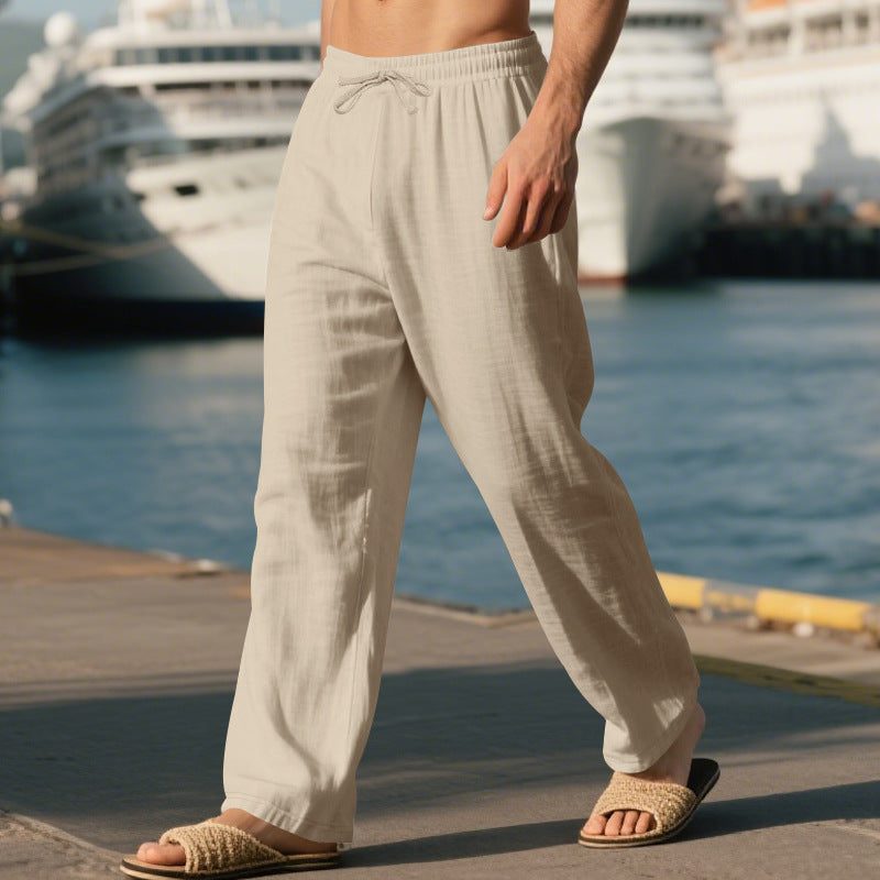 Linen Straight Leg Trousers with Drawstring for Men