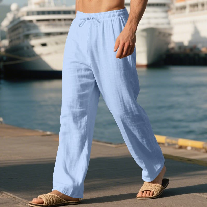 Linen Straight Leg Trousers with Drawstring for Men