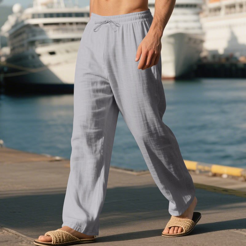 Linen Straight Leg Trousers with Drawstring for Men