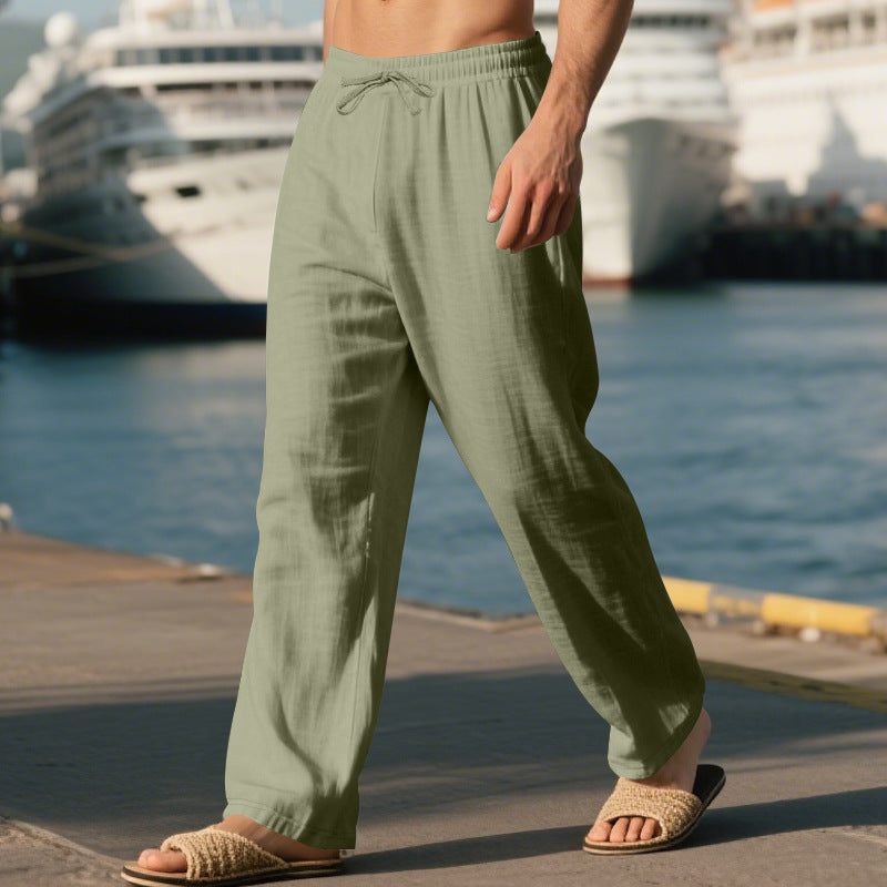 Linen Straight Leg Trousers with Drawstring for Men