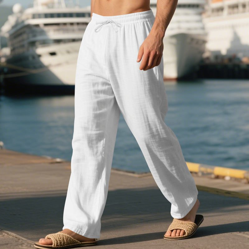 Linen Straight Leg Trousers with Drawstring for Men