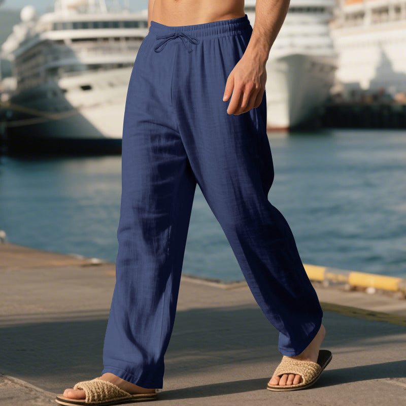 Linen Straight Leg Trousers with Drawstring for Men