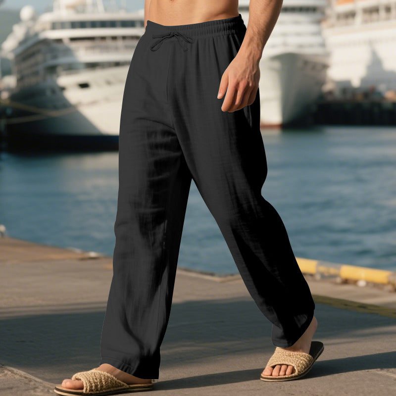 Linen Straight Leg Trousers with Drawstring for Men