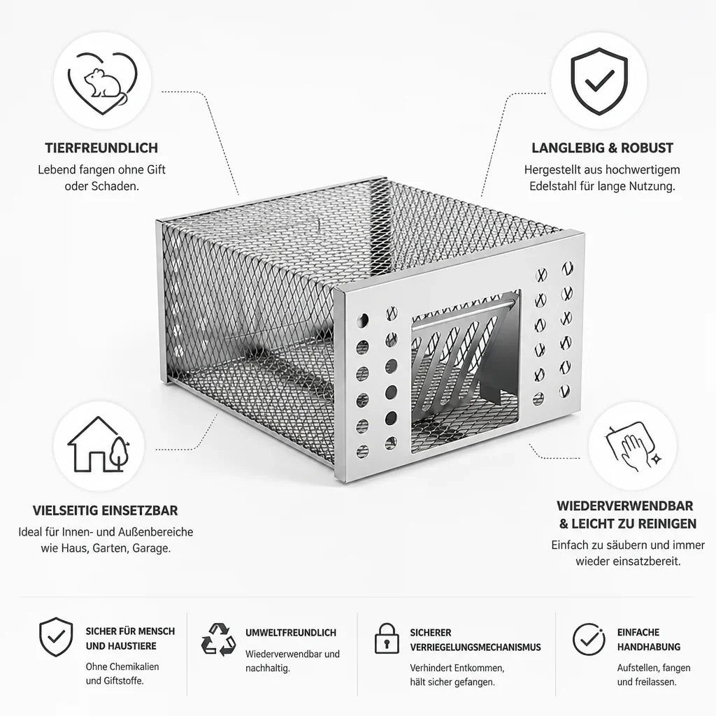 Live Rodent Trap | Stainless Steel & Animal-Friendly | 26 x 13 x 13 cm