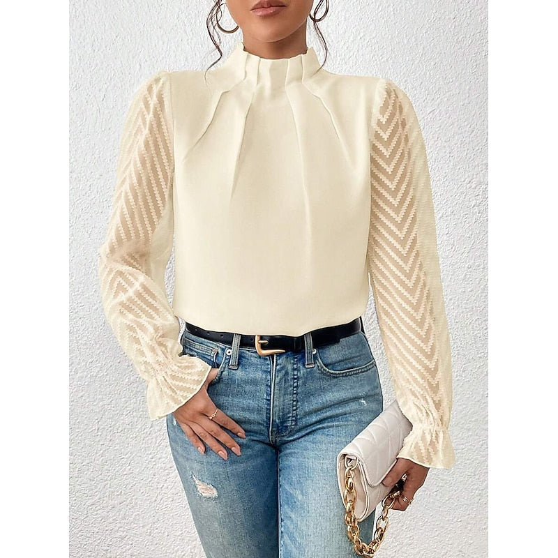Women's High-Neck Blouse with Textured Sleeves