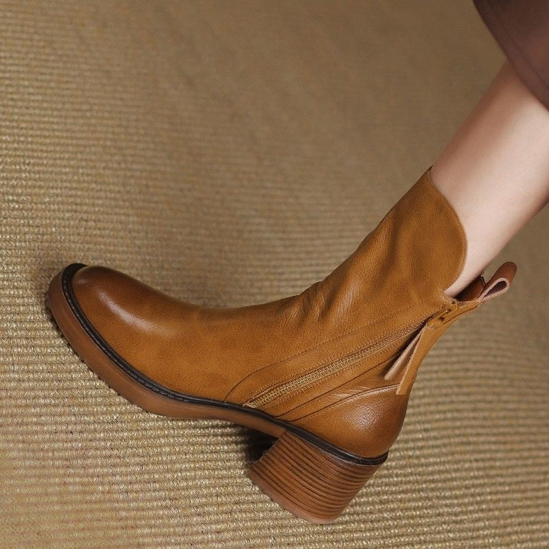 Rachel | Women's Leather Ankle Boots Block Heel Side Zipper