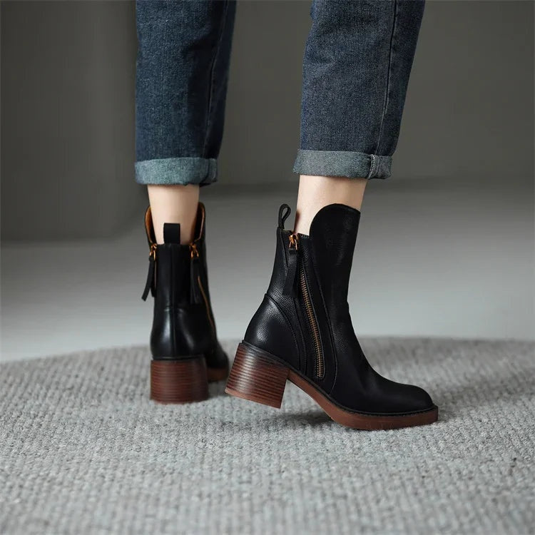 Rachel | Women's Leather Ankle Boots Block Heel Side Zipper