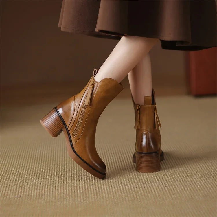 Rachel | Women's Leather Ankle Boots Block Heel Side Zipper
