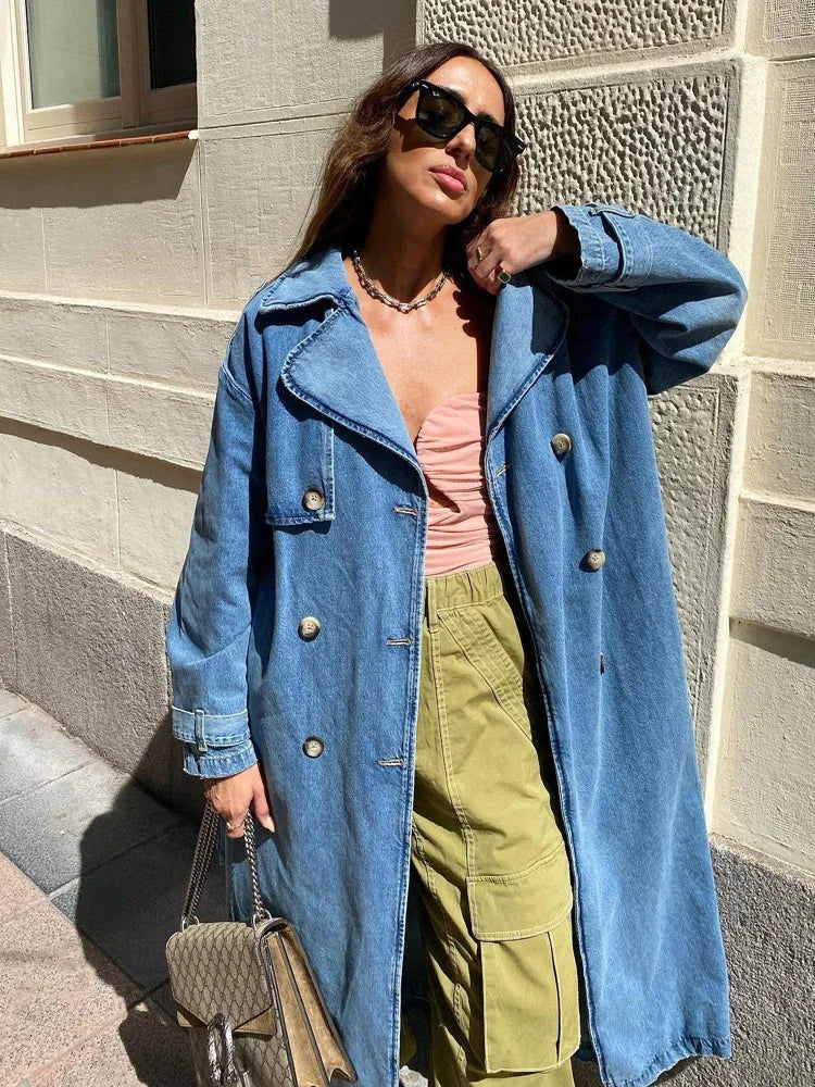 Joanna | Women's Long Denim Trench Coat Double Breasted