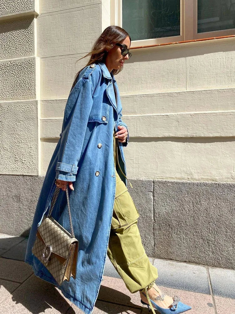Joanna | Women's Long Denim Trench Coat Double Breasted