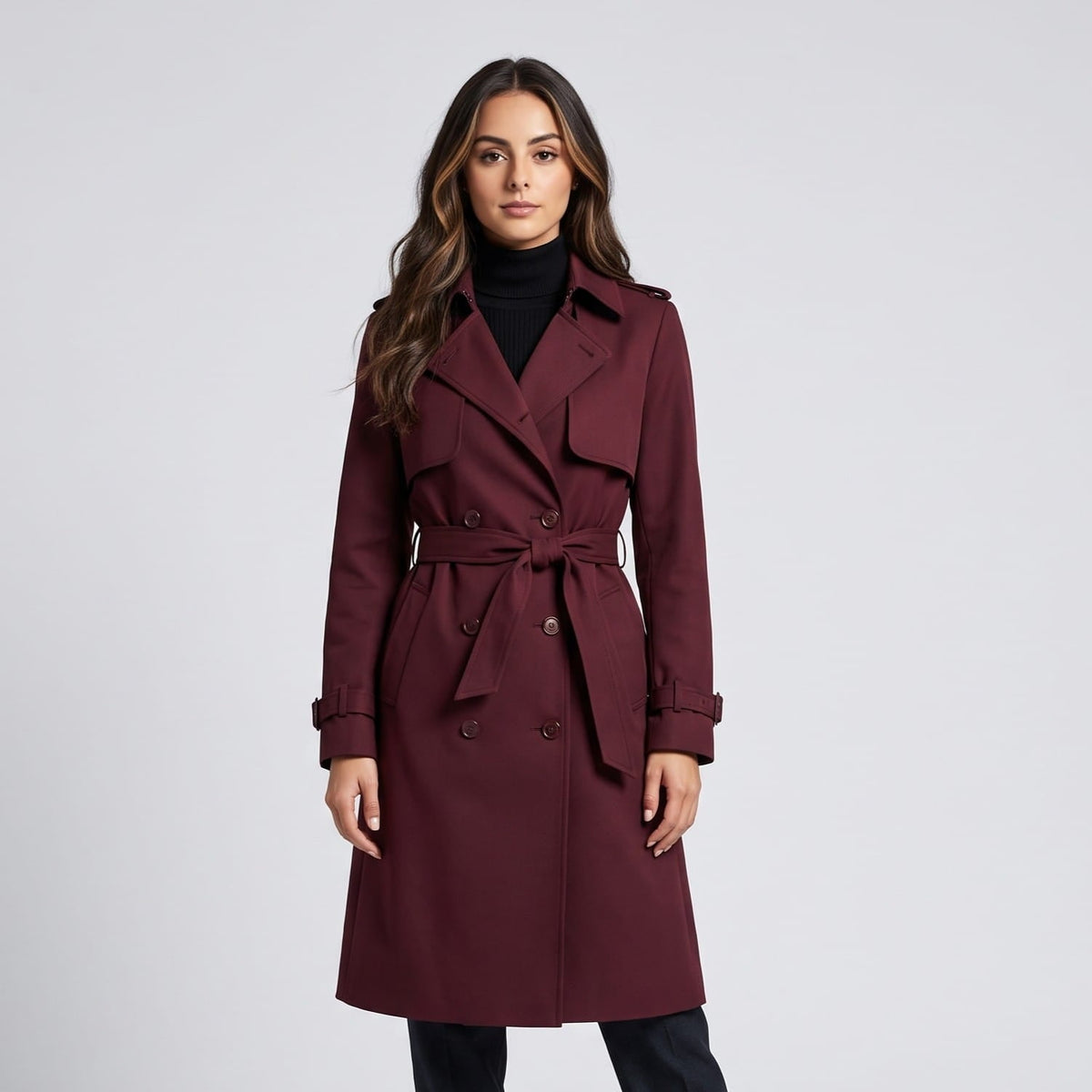 Long Belted Trench Coat – Double-Breasted, Storm Flaps & Cuff Straps | Maelle