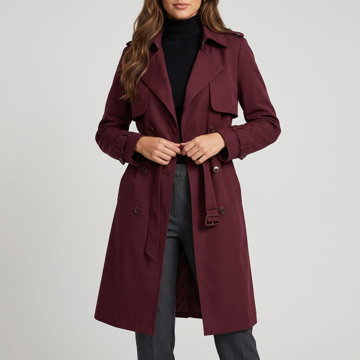 Long Belted Trench Coat – Double-Breasted, Storm Flaps & Cuff Straps | Maelle