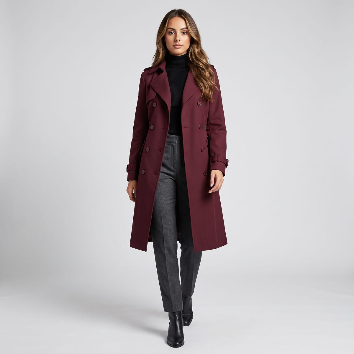 Long Belted Trench Coat – Double-Breasted, Storm Flaps & Cuff Straps | Maelle