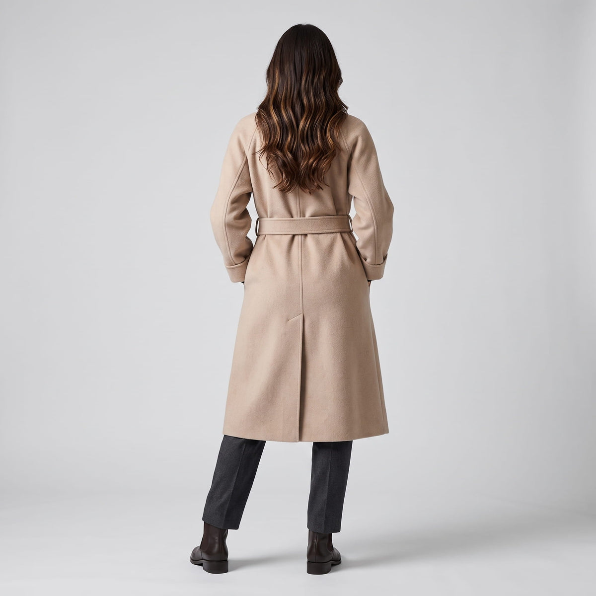 Long Belted Wrap Coat – Notched Lapel, Side Pockets & Back Vent | Anouk