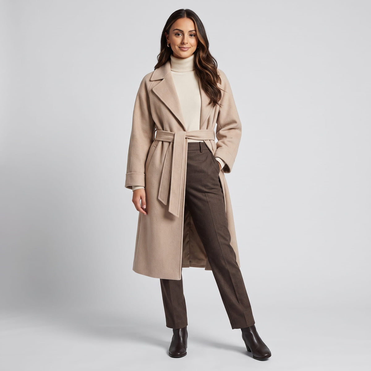 Long Belted Wrap Coat – Notched Lapel, Side Pockets & Back Vent | Anouk