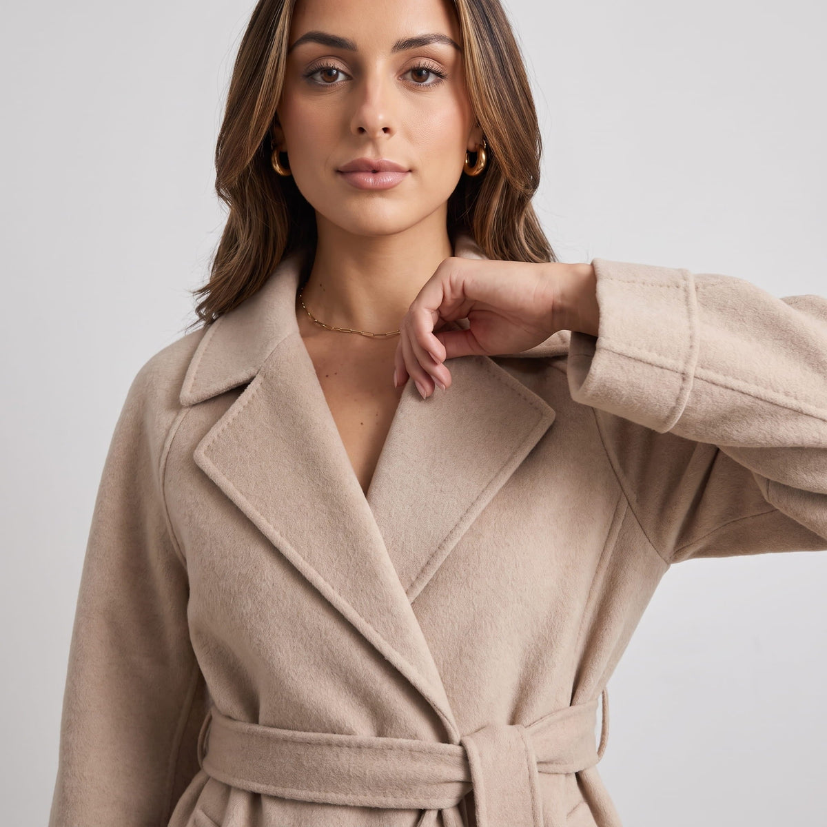 Long Belted Wrap Coat – Notched Lapel, Side Pockets & Back Vent | Anouk