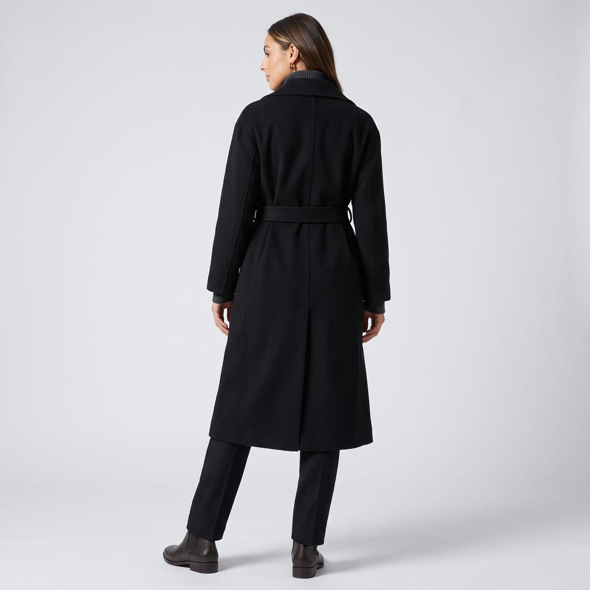 Long Belted Wrap Coat – Notched Lapel, Side Pockets & Back Vent | Anouk