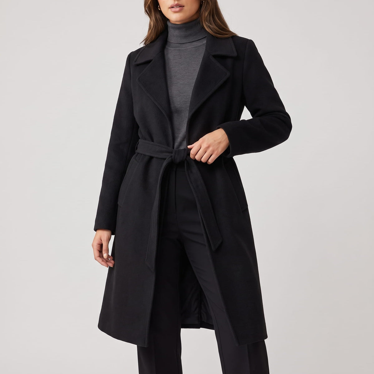 Long Belted Wrap Coat – Notched Lapel, Side Pockets & Back Vent | Anouk