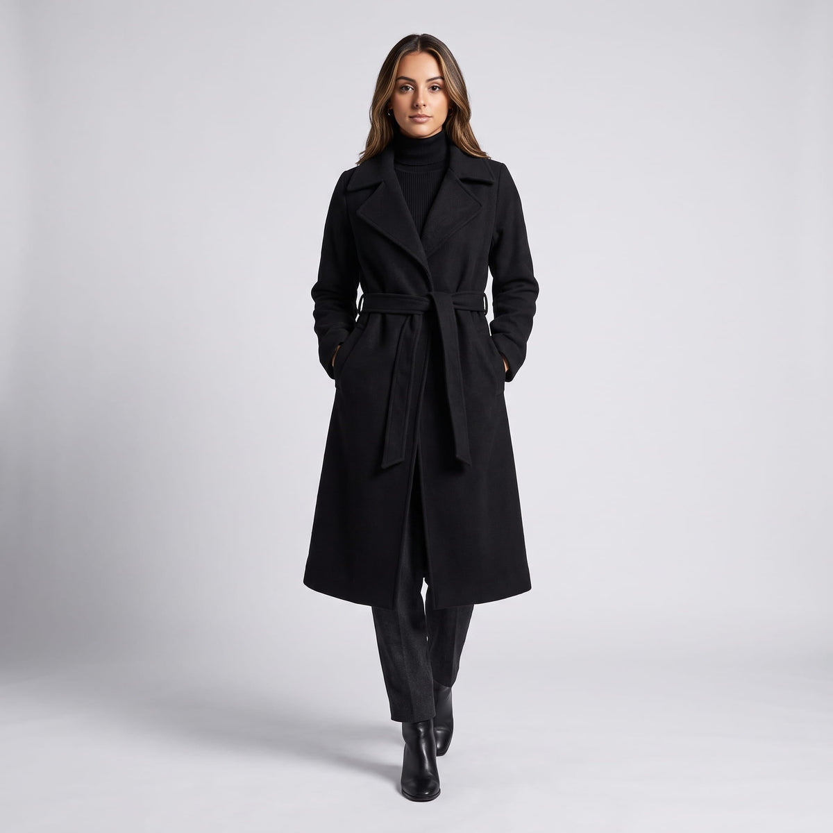 Long Belted Wrap Coat – Notched Lapel, Side Pockets & Back Vent | Anouk