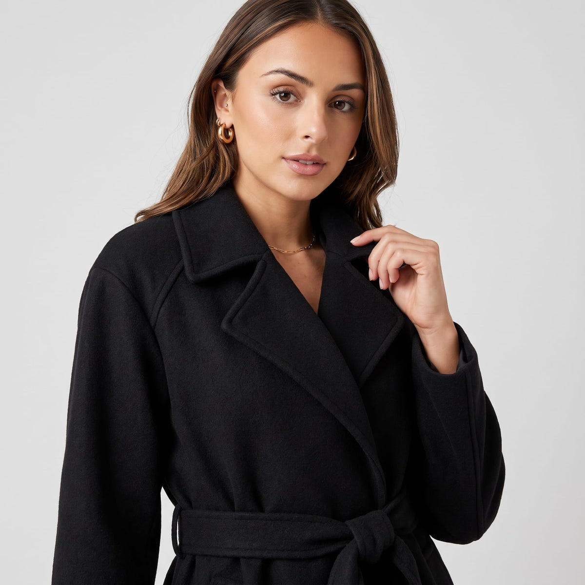 Long Belted Wrap Coat – Notched Lapel, Side Pockets & Back Vent | Anouk