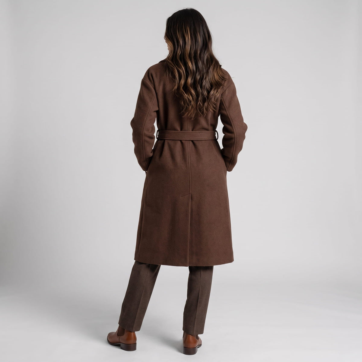 Long Belted Wrap Coat – Notched Lapel, Side Pockets & Back Vent | Anouk