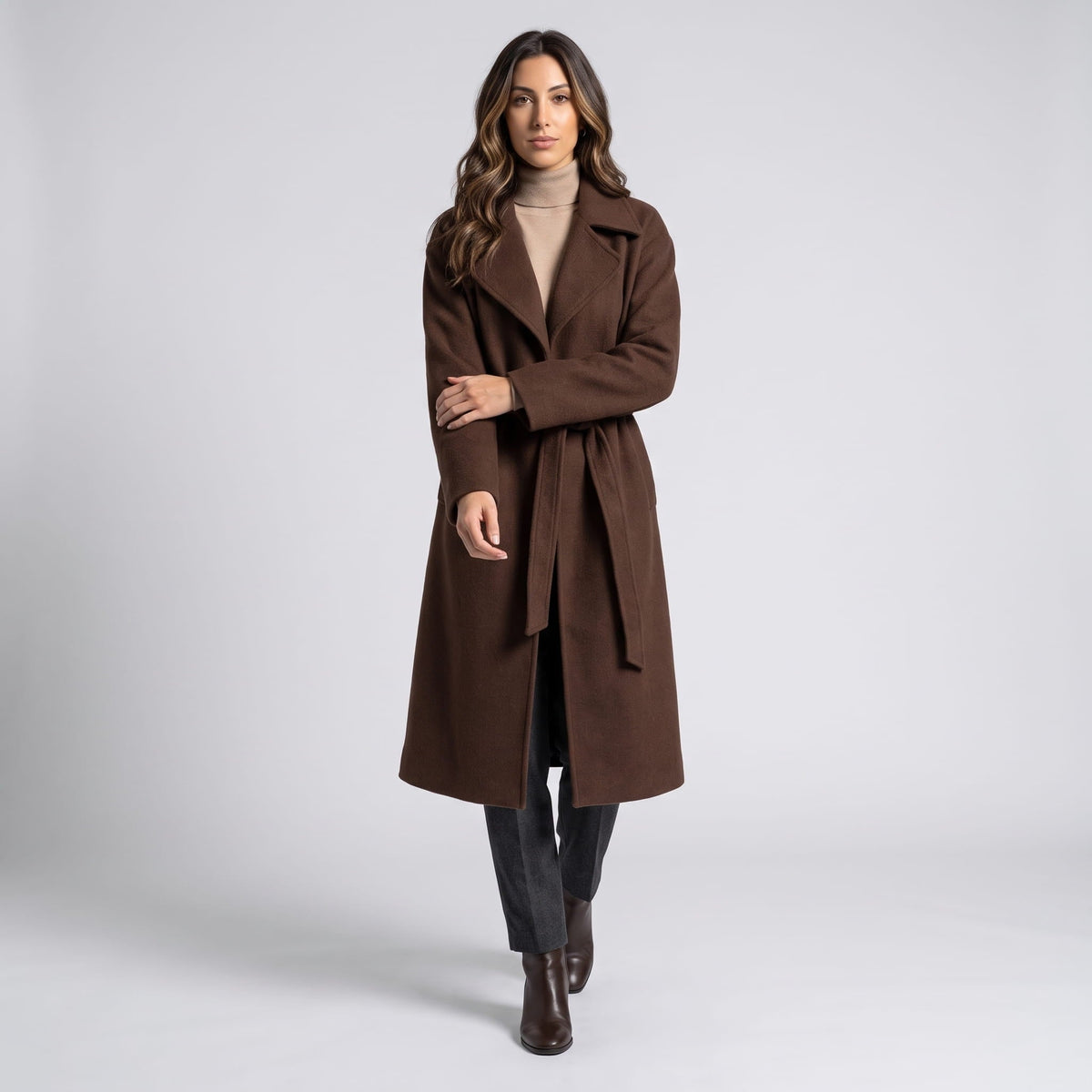 Long Belted Wrap Coat – Notched Lapel, Side Pockets & Back Vent | Anouk