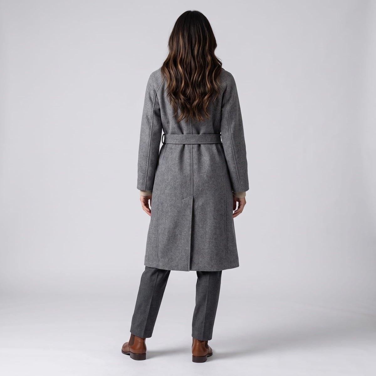 Long Belted Wrap Coat – Notched Lapel, Side Pockets & Back Vent | Anouk